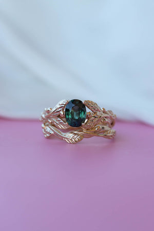 Dark teal sapphire bridal ring set, nature inspired gold engagement ring set / Cornus - Eden Garden Jewelry™