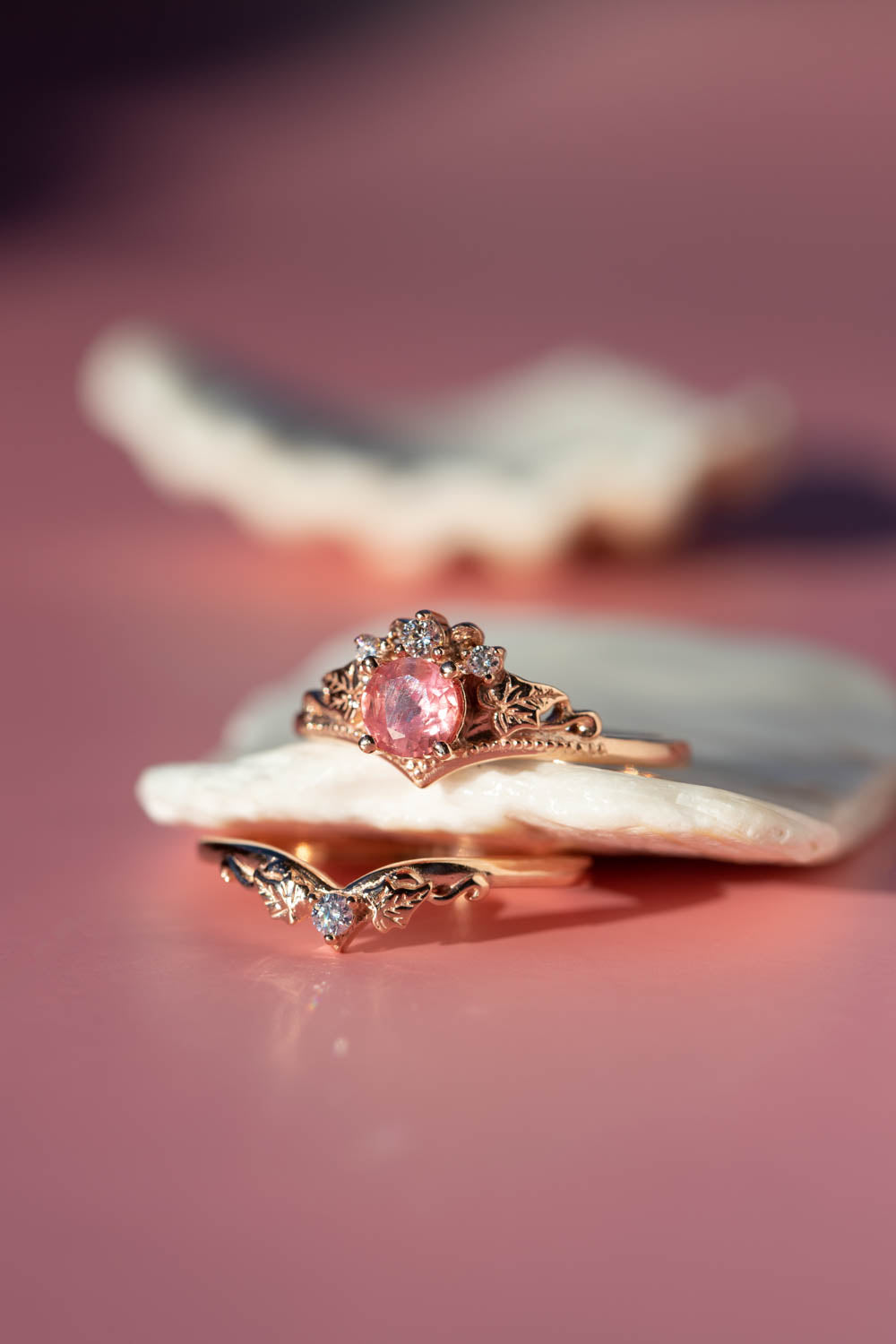 Padparadscha sapphire engagement ring, gold leaves and diamonds proposal ring / Ariadne - Eden Garden Jewelry™