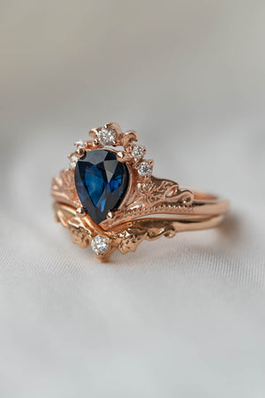 Natural sapphire bridal ring set, dark blue sapphire engagement ring set with diamonds / Ariadne - Eden Garden Jewelry™