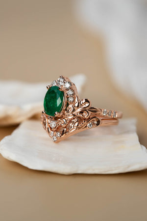 Natural emerald and diamonds bridal ring set, baroque inspired rose gold engagement ring set / Sophie - Eden Garden Jewelry™