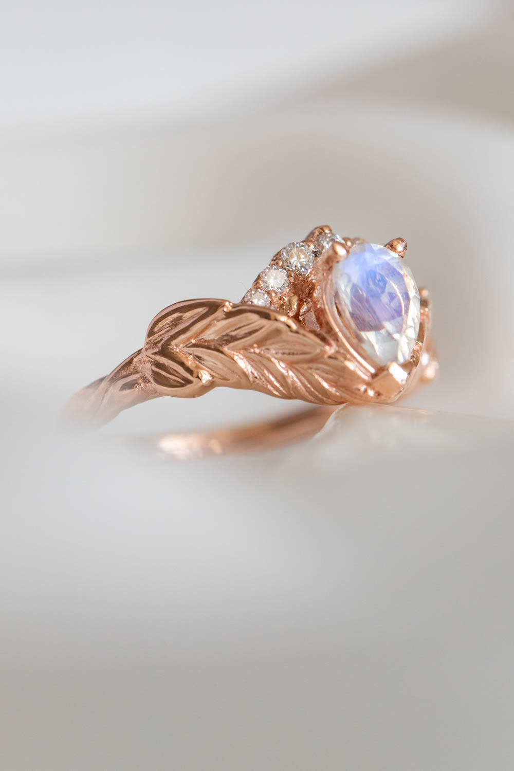 Blue moonstone engagement ring, rose gold leaves proposal ring with diamonds / Palmira Crown - Eden Garden Jewelry™