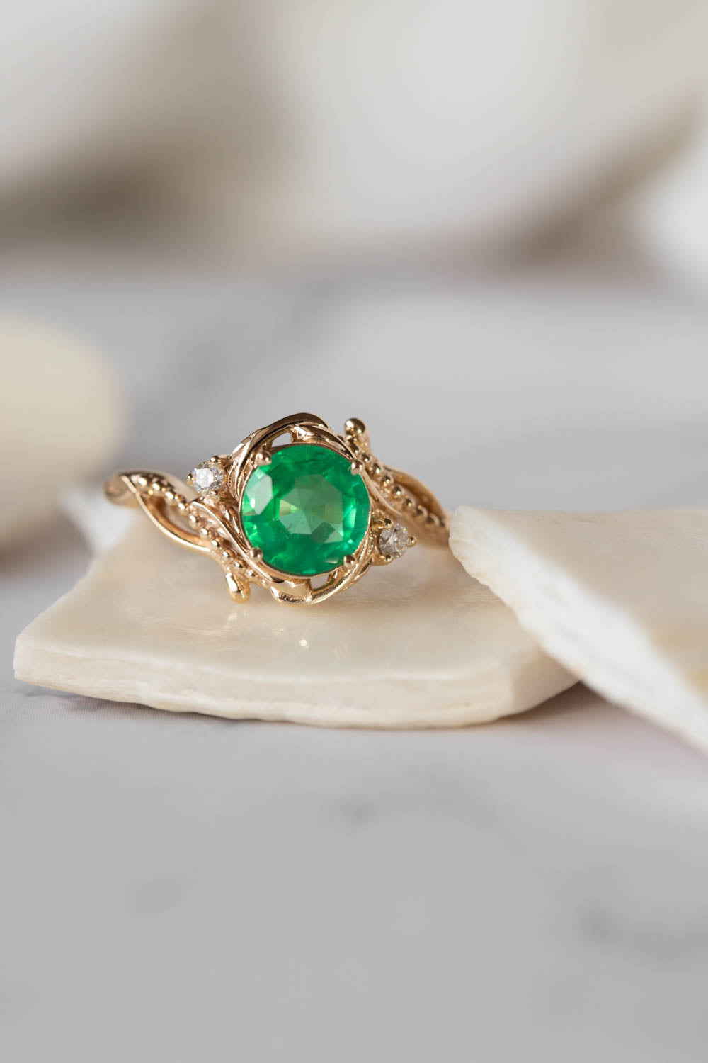 Natural emerald and diamonds engagement ring, elvish nature inspired gold ring / Undina - Eden Garden Jewelry™