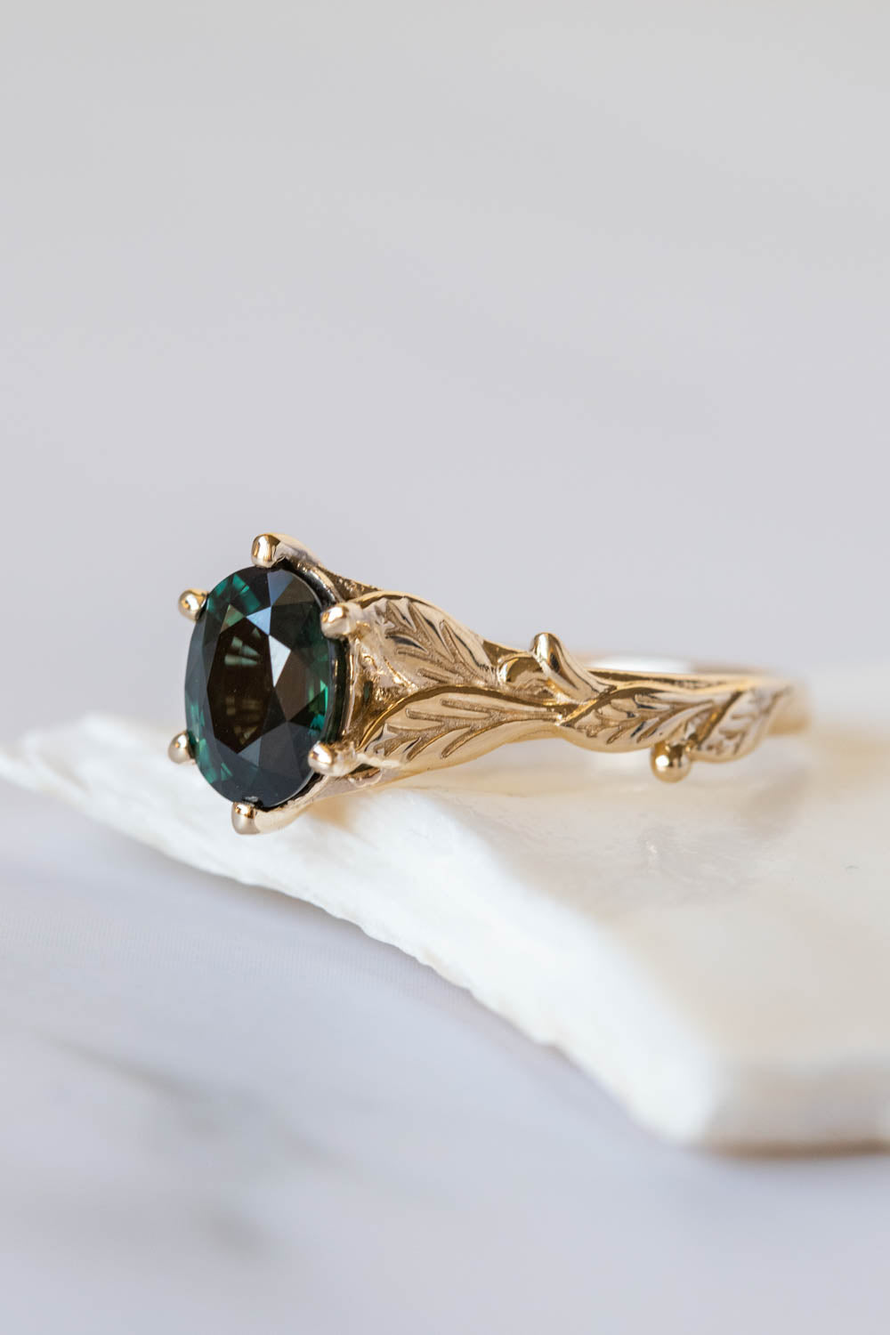 Dark teal sapphire engagement ring, oval cut gemstone gold leaf ring / Freesia - Eden Garden Jewelry™