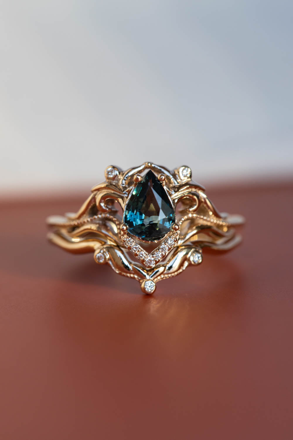 White gold engagement ring with teal sapphire, elvish bridal ring with diamonds / Lida small - Eden Garden Jewelry™