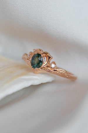 READY TO SHIP: Amura in 14K rose gold, natural oval cut teal sapphire 6.3x5.3 mm, moissanites, RING SIZE 7 US - Eden Garden Jewelry™