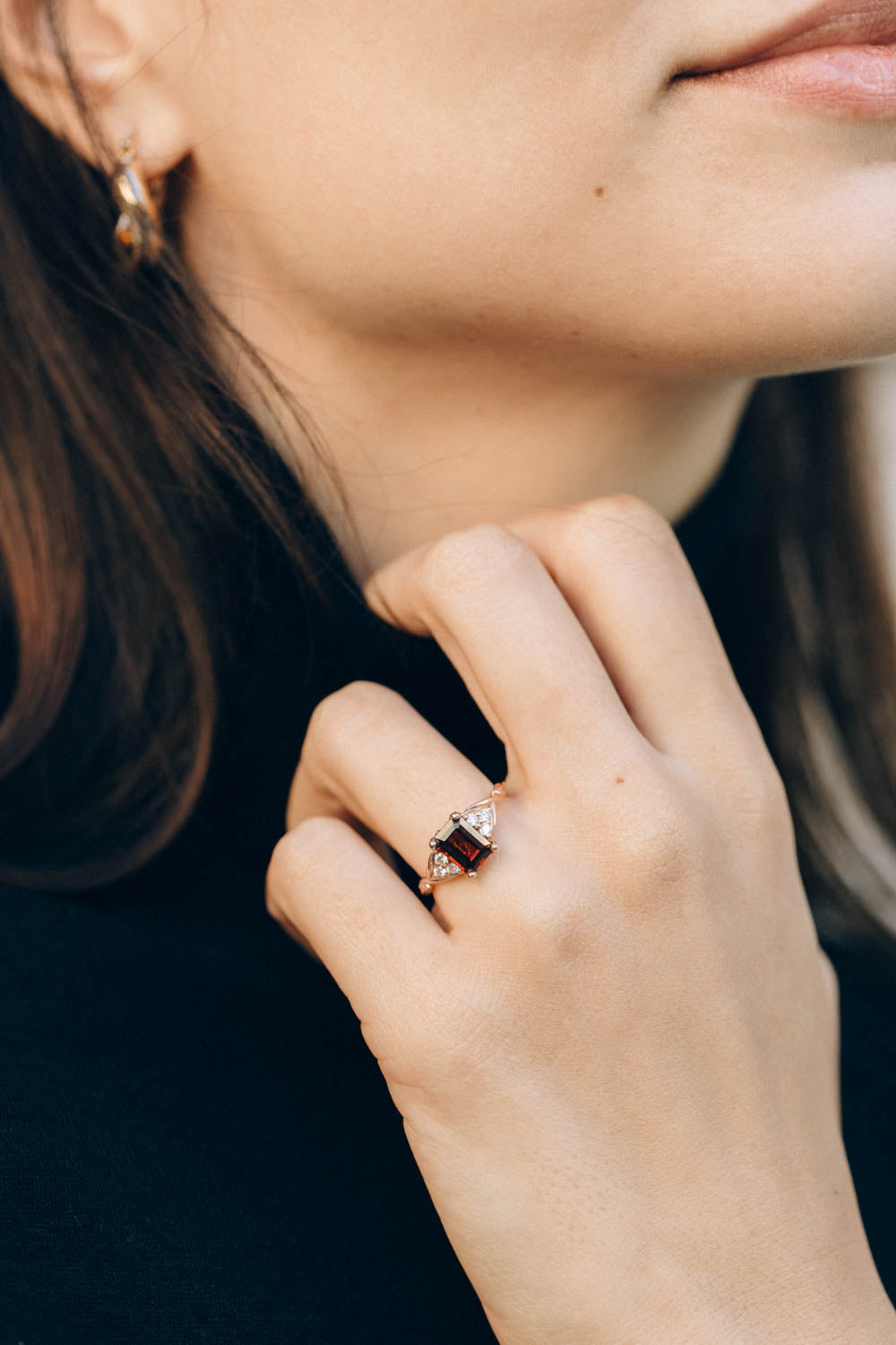 Natural garnet and diamonds engagement ring, emerald cut gemstone rose gold ring / Gloria - Eden Garden Jewelry™