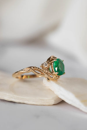 Natural emerald and diamonds engagement ring, elvish nature inspired gold ring / Undina - Eden Garden Jewelry™