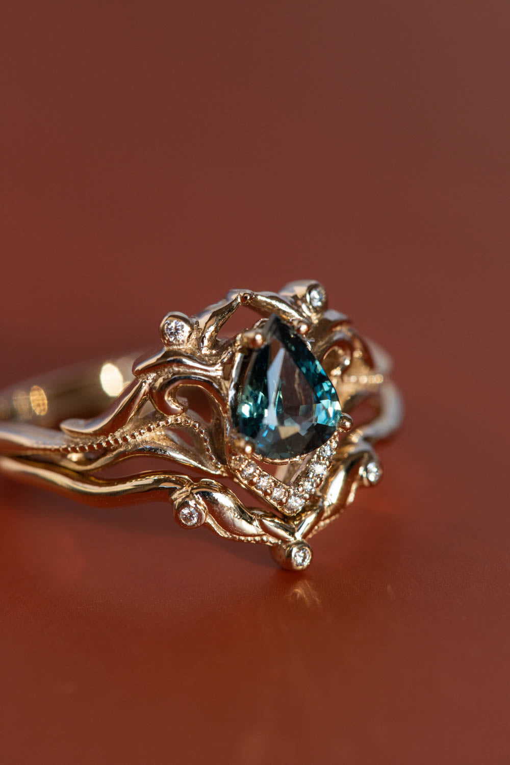 White gold engagement ring with teal sapphire, elvish bridal ring with diamonds / Lida small - Eden Garden Jewelry™