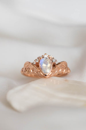 Blue moonstone engagement ring, rose gold leaves proposal ring with diamonds / Palmira Crown - Eden Garden Jewelry™