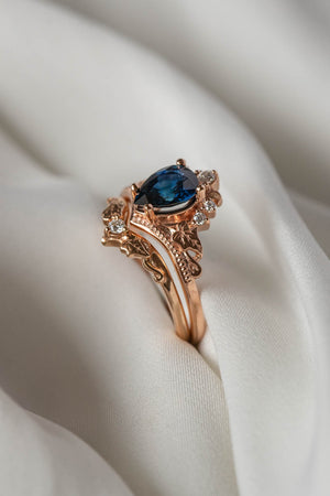 Natural sapphire bridal ring set, dark blue sapphire engagement ring set with diamonds / Ariadne - Eden Garden Jewelry™