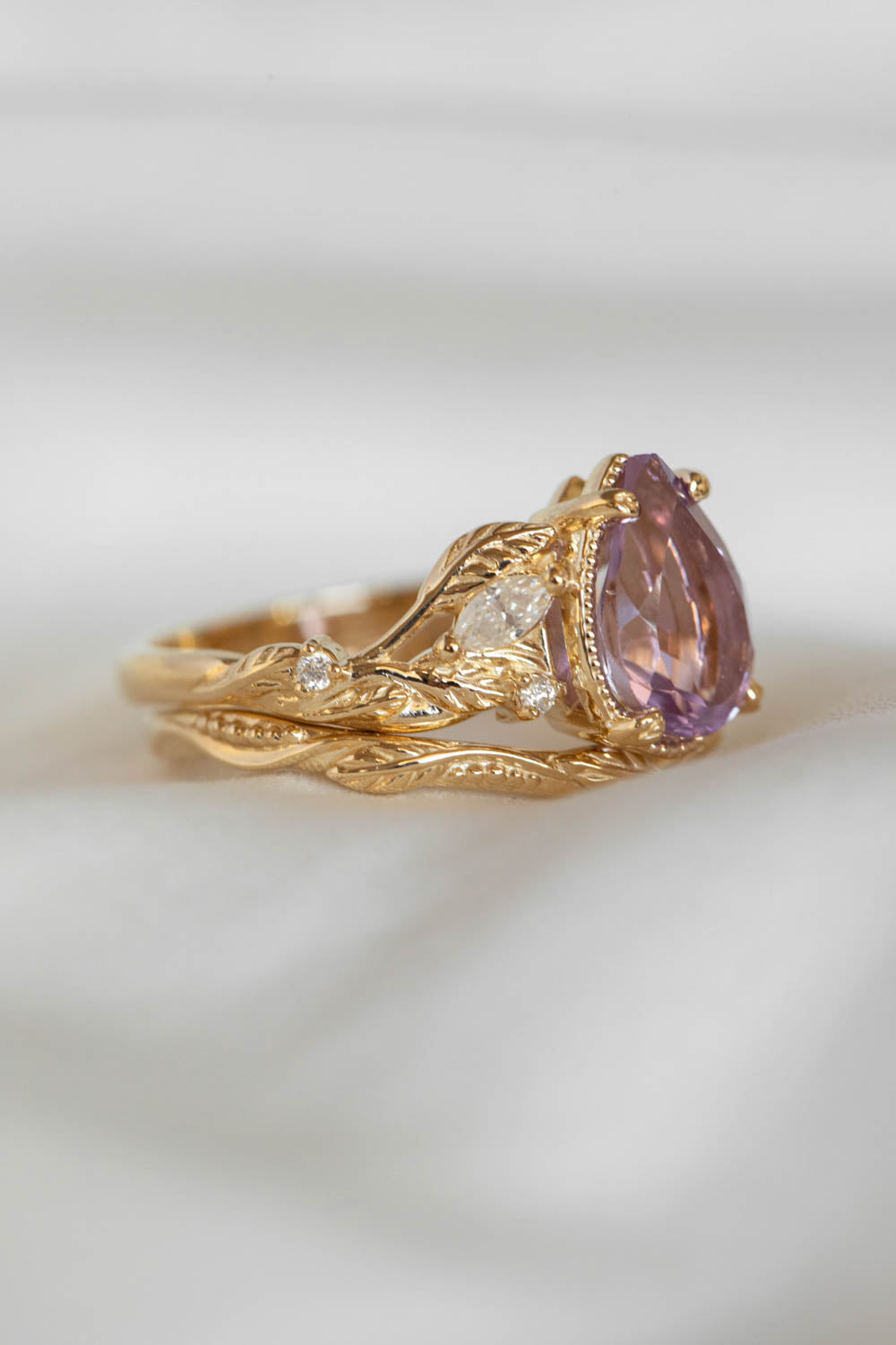 Amethyst leaf engagement ring set, big purple gemstone bridal ring set / Patricia - Eden Garden Jewelry™