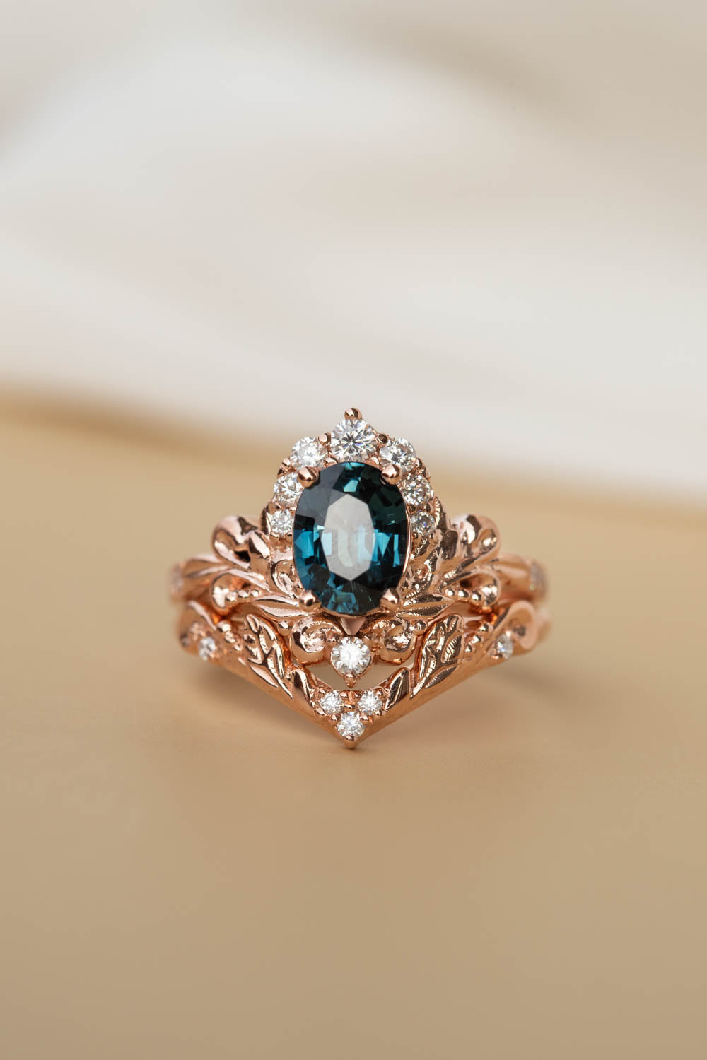 Natural teal sapphire bridal ring set, baroque inspired gold engagement ring set with diamonds / Sophie - Eden Garden Jewelry™