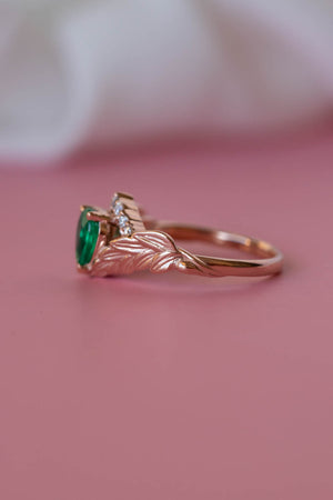 Natural emerald bridal ring set, diamond crown gold leaf engagement and wedding rings  / Palmira Crown - Eden Garden Jewelry™