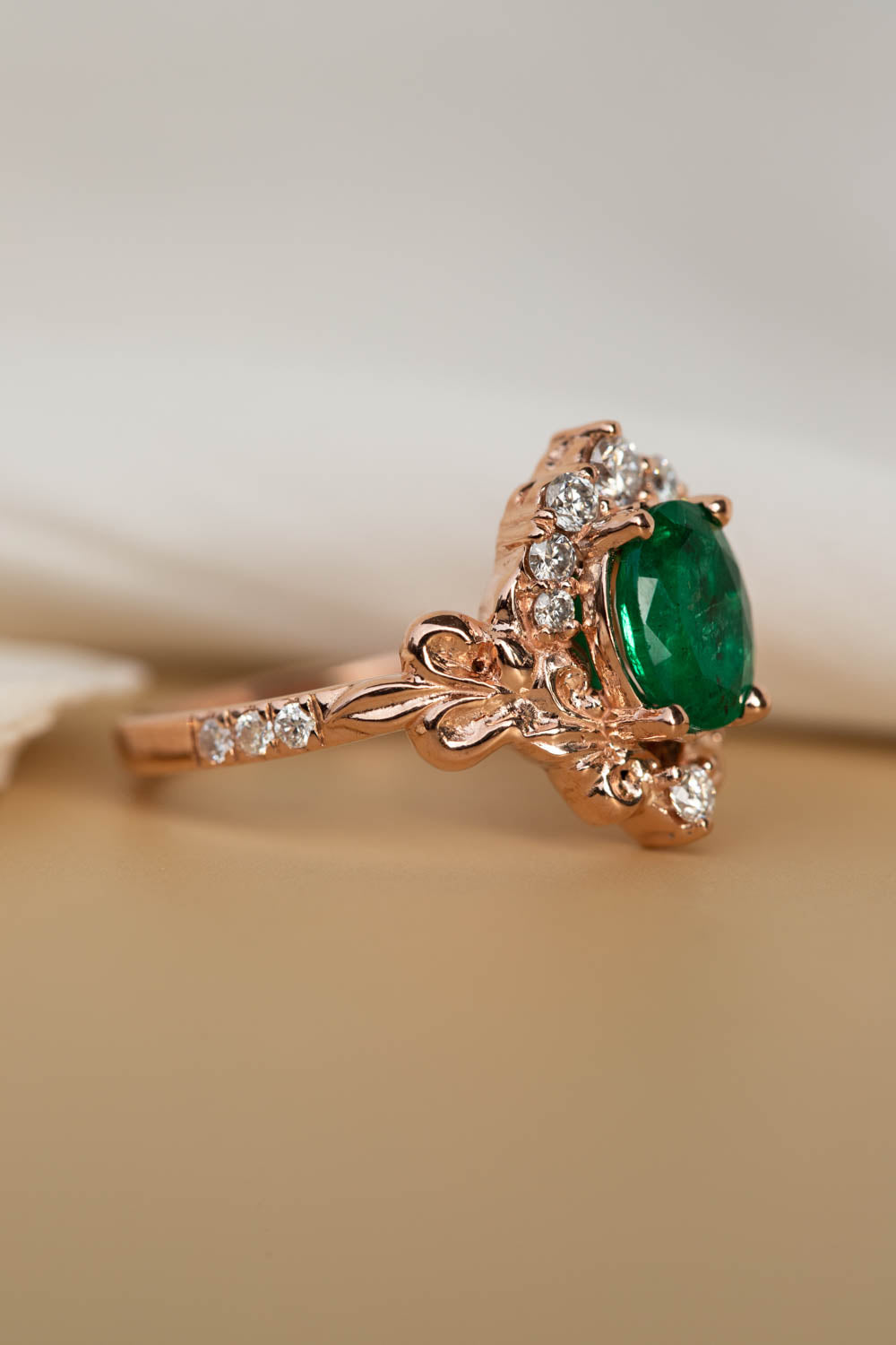 Rose gold engagement ring with emerald, crown shape gold ring with diamonds / Sophie - Eden Garden Jewelry™