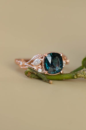 Cushion teal sapphire twig engagement ring, rose gold ring with leaves and diamonds / Patricia - Eden Garden Jewelry™