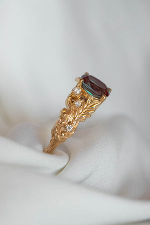 Alexandrite and diamonds oak engagement ring, colour changing gemstone gold ring / Silviya - Eden Garden Jewelry™