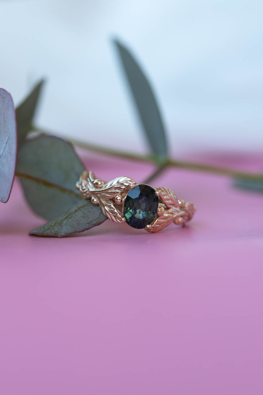 Genuine dark teal sapphire engagement ring, oval cut gemstone gold leaf proposal ring / Cornus - Eden Garden Jewelry™