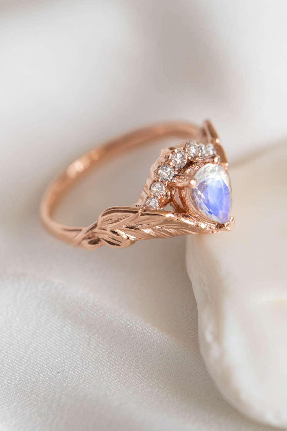 Blue moonstone engagement ring, rose gold leaves proposal ring with diamonds / Palmira Crown - Eden Garden Jewelry™