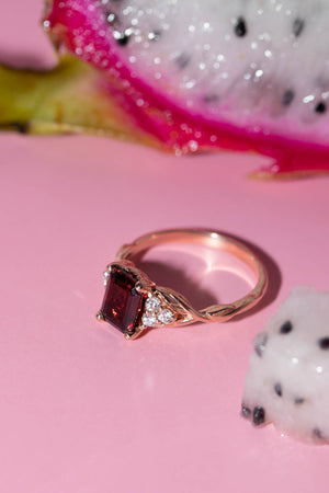 Natural garnet and diamonds engagement ring, emerald cut gemstone rose gold ring / Gloria - Eden Garden Jewelry™