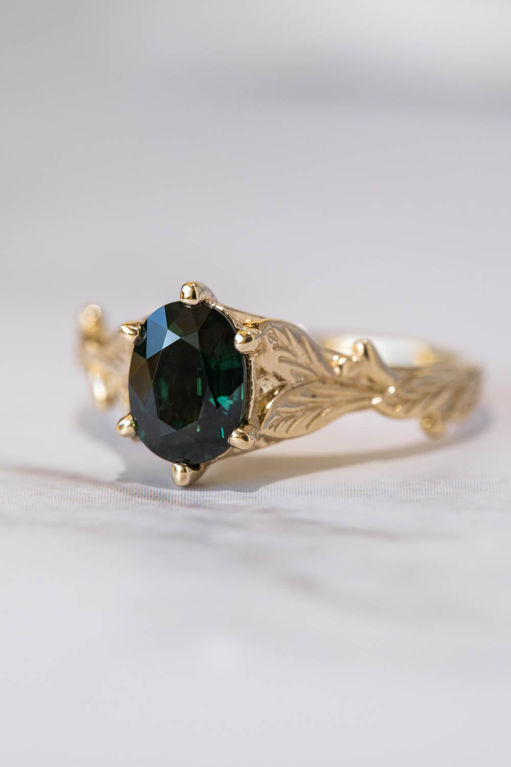 Dark teal sapphire engagement ring, oval cut gemstone gold leaf ring / Freesia - Eden Garden Jewelry™