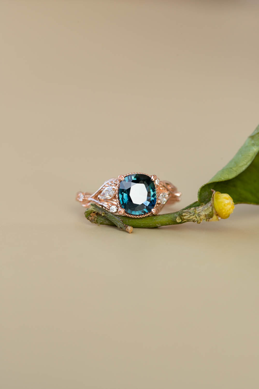 Cushion teal sapphire twig engagement ring, rose gold ring with leaves and diamonds / Patricia - Eden Garden Jewelry™