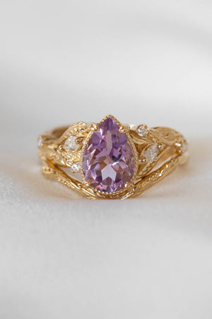 Lavender amethyst nature themed engagement ring, big pear cut gemstone gold ring with diamonds / Patricia - Eden Garden Jewelry™