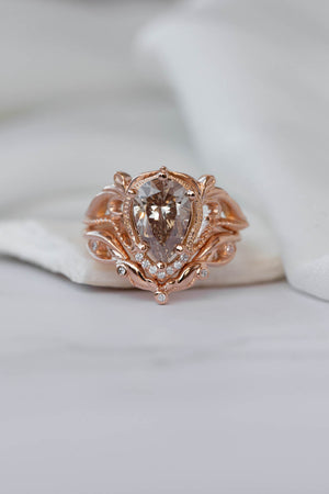 Big pear champagne diamond engagement ring, vintage inspired rose gold statement ring / Lida - Eden Garden Jewelry™