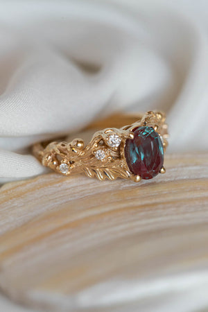 Alexandrite and diamonds oak engagement ring, colour changing gemstone gold ring / Silviya - Eden Garden Jewelry™