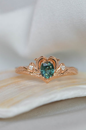 READY TO SHIP: Amura in 14K rose gold, natural oval cut teal sapphire 6.3x5.3 mm, moissanites, RING SIZE 7 US - Eden Garden Jewelry™