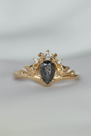 Tiara shape engagement ring with natural salt and pepper diamond / Ariadne - Eden Garden Jewelry™