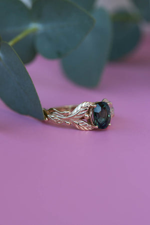 Genuine dark teal sapphire engagement ring, oval cut gemstone gold leaf proposal ring / Cornus - Eden Garden Jewelry™