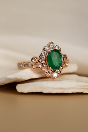 Natural emerald and diamonds bridal ring set, baroque inspired rose gold engagement ring set / Sophie - Eden Garden Jewelry™