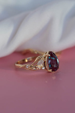 Big pear alexandrite engagement ring, gold twig promise ring with diamonds / Patricia - Eden Garden Jewelry™