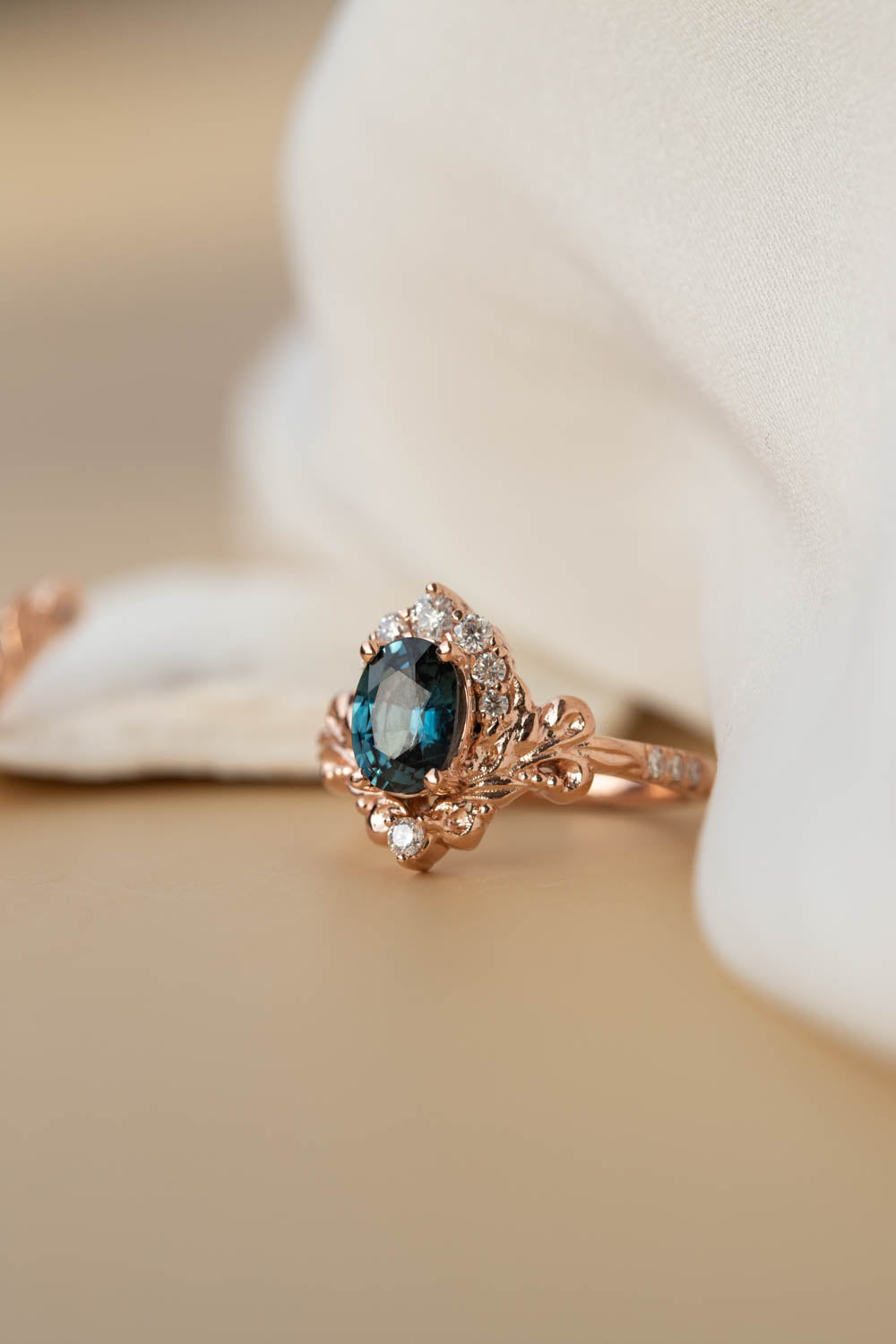 Sapphire rose gold engagement ring, half halo diamond gold proposal ring / Sophie - Eden Garden Jewelry™