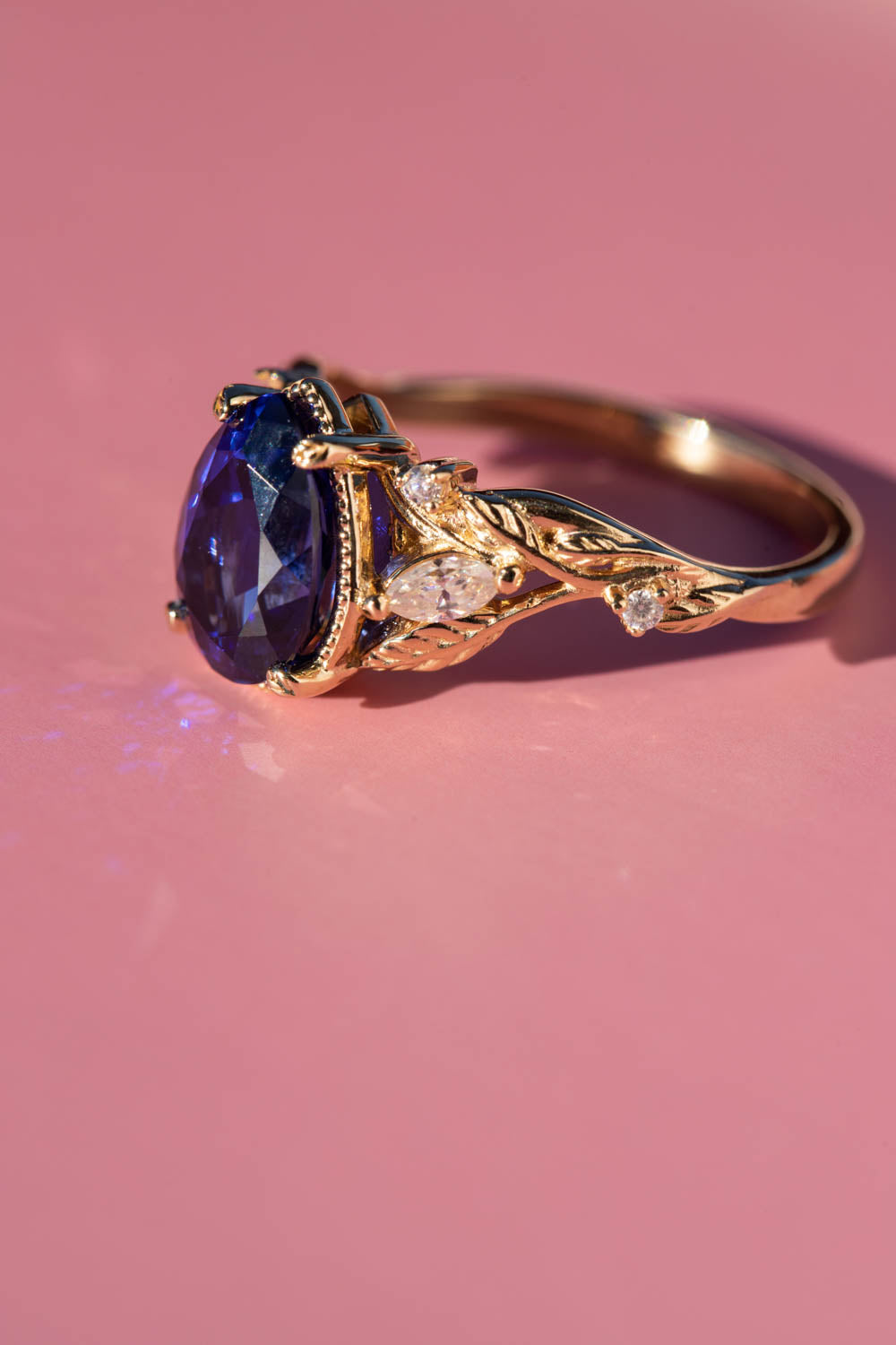 Pear sapphire twig engagement ring, royal blue lab sapphire proposal ring with diamonds / Patricia - Eden Garden Jewelry™