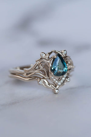 Teal sapphire bridal ring set, white gold engagement ring set with diamonds / Lida small - Eden Garden Jewelry™