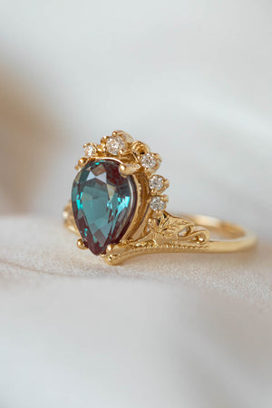 Alexandrite and diamonds engagement ring, big pear gemstone gold ring / Ariadne - Eden Garden Jewelry™