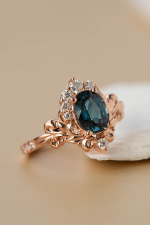 Natural teal sapphire bridal ring set, baroque inspired gold engagement ring set with diamonds / Sophie - Eden Garden Jewelry™