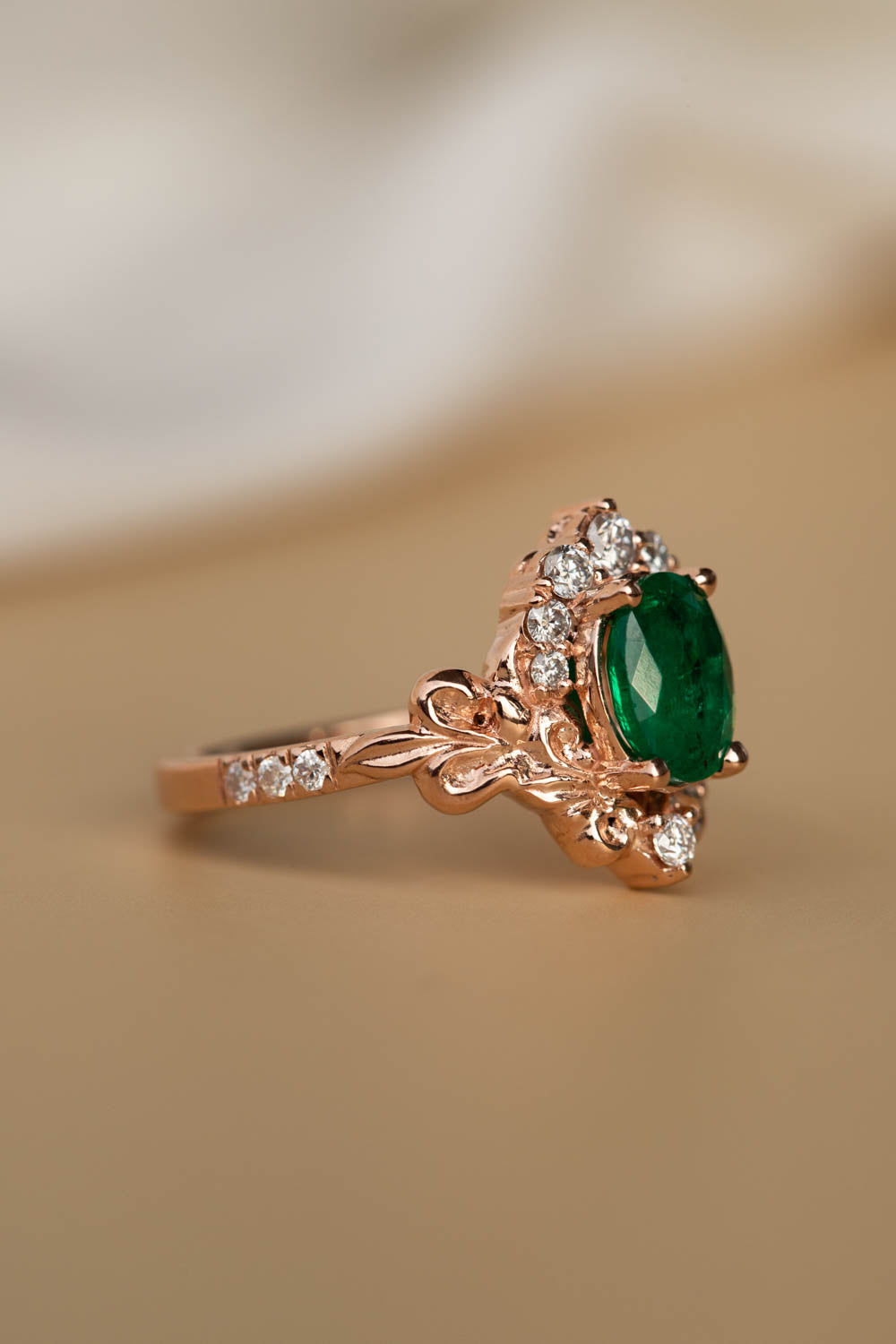 Rose gold engagement ring with emerald, crown shape gold ring with diamonds / Sophie - Eden Garden Jewelry™