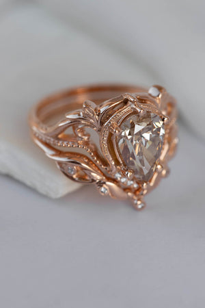 Champagne diamond rose gold engagement ring set, vintage inspired bridal ring set with diamonds / Lida - Eden Garden Jewelry™