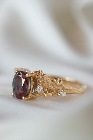 Alexandrite and diamonds oak engagement ring, colour changing gemstone gold ring / Silviya - Eden Garden Jewelry™