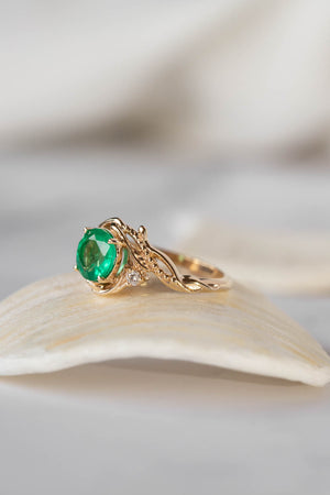 Natural emerald and diamonds engagement ring, elvish nature inspired gold ring / Undina - Eden Garden Jewelry™