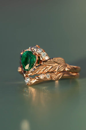 Natural emerald bridal ring set, diamond crown gold leaf engagement and wedding rings  / Palmira Crown - Eden Garden Jewelry™