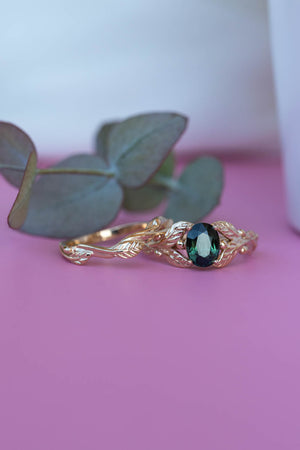 Dark teal sapphire bridal ring set, nature inspired gold engagement ring set / Cornus - Eden Garden Jewelry™