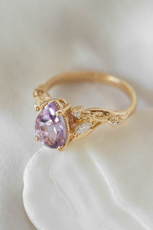 Lavender amethyst nature themed engagement ring, big pear cut gemstone gold ring with diamonds / Patricia - Eden Garden Jewelry™