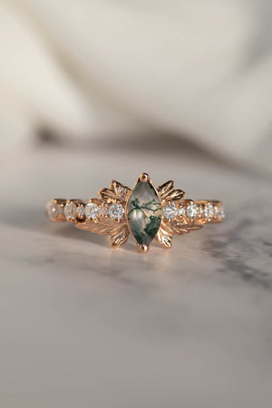 Marquise cut moss agate engagement ring, nature inspired gold leaf ring / Verbena - Eden Garden Jewelry™