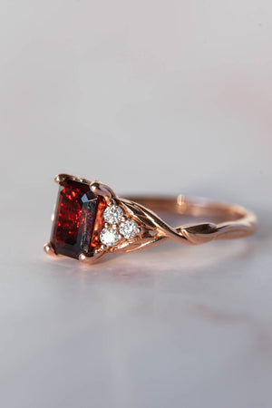 Natural garnet and diamonds engagement ring, emerald cut gemstone rose gold ring / Gloria - Eden Garden Jewelry™