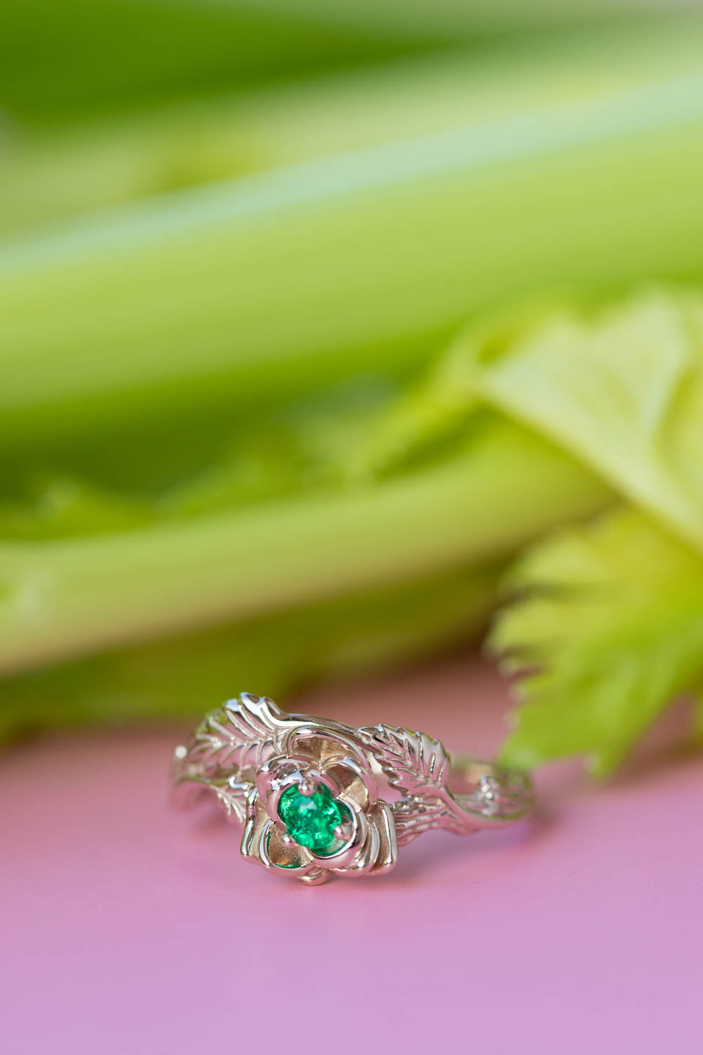 Emerald rose shaped engagement ring, white gold flower proposal ring / Blooming Rose - Eden Garden Jewelry™