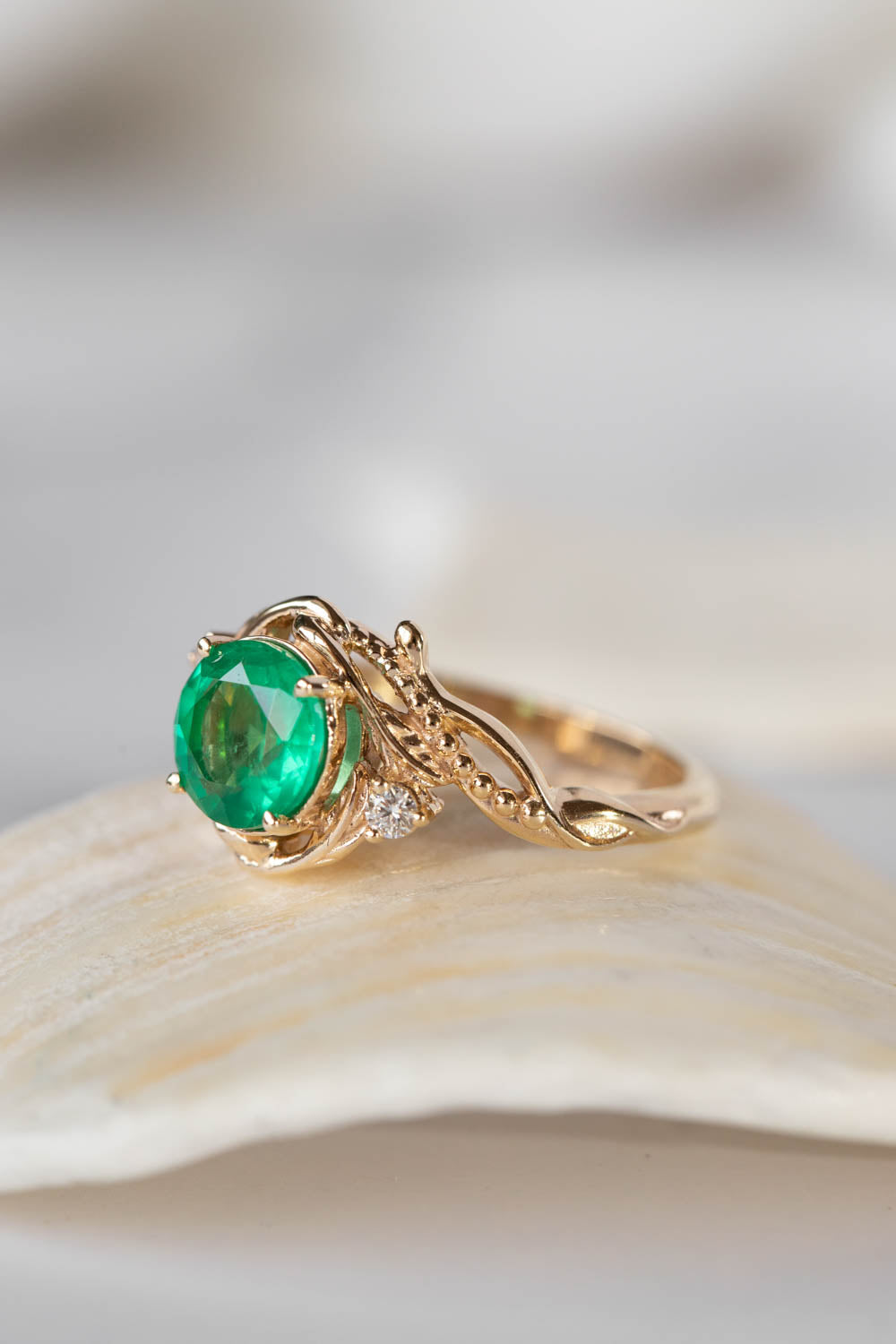 Natural emerald and diamonds engagement ring, elvish nature inspired gold ring / Undina - Eden Garden Jewelry™