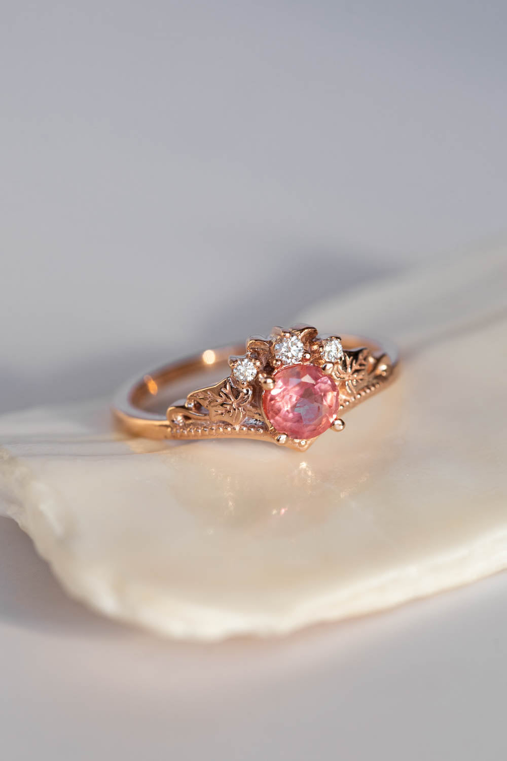 Padparadscha sapphire engagement ring, gold leaves and diamonds proposal ring / Ariadne - Eden Garden Jewelry™